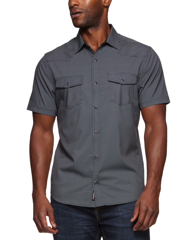 Man wearing a gray short-sleeve shirt on a white background