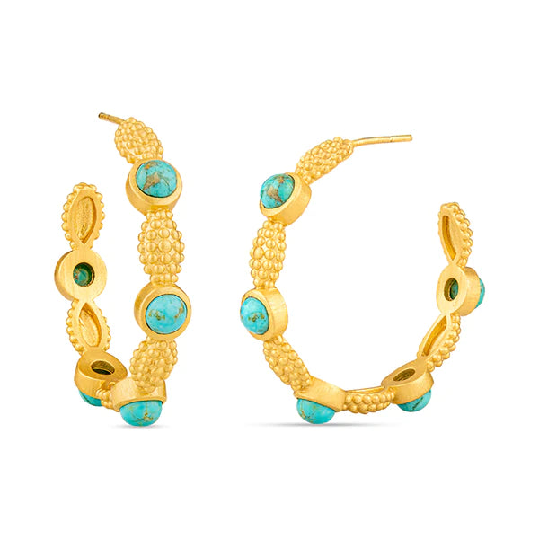 GOLD TEXTURED HOOP EARRINGS WITH TURQUOISE DOTS
