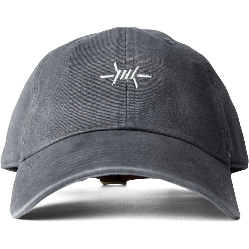 Dark gray cap with a white logo on a white background