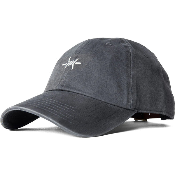 Dark gray baseball cap with a logo on a white background
