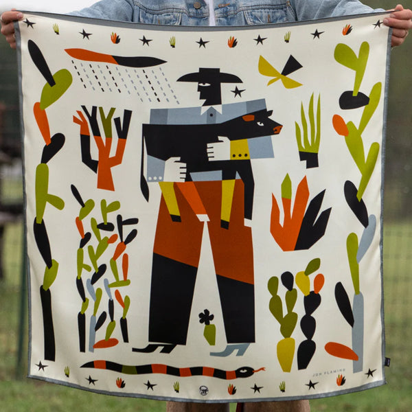 Scarf with White background, abstract cowboy holding abstract calf with abstract cacti on the boarder