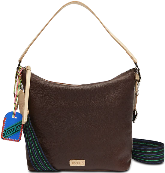 BROWN LEATHER HOBO BAG WITH TAN PURSE STRAP