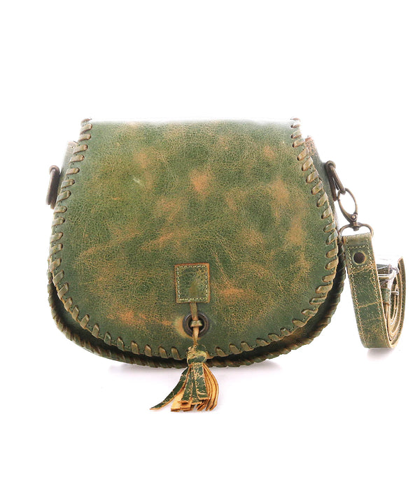 Green leather bag with gold accents on a white background