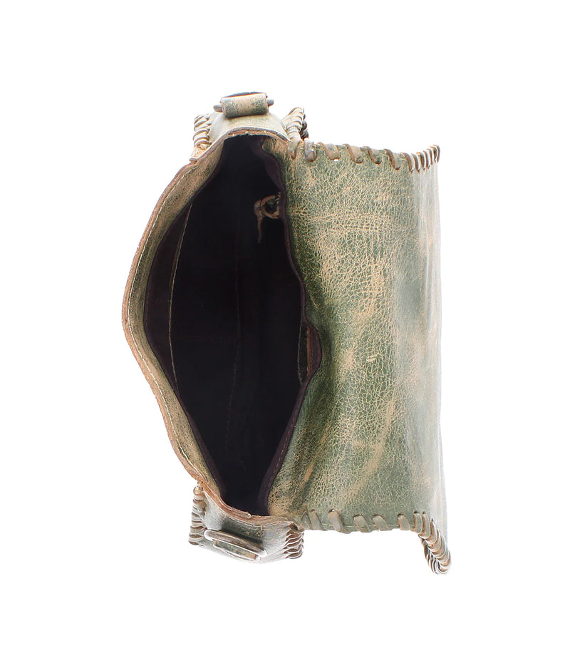 Vintage-style handbag with a textured surface and metal accents on a white background