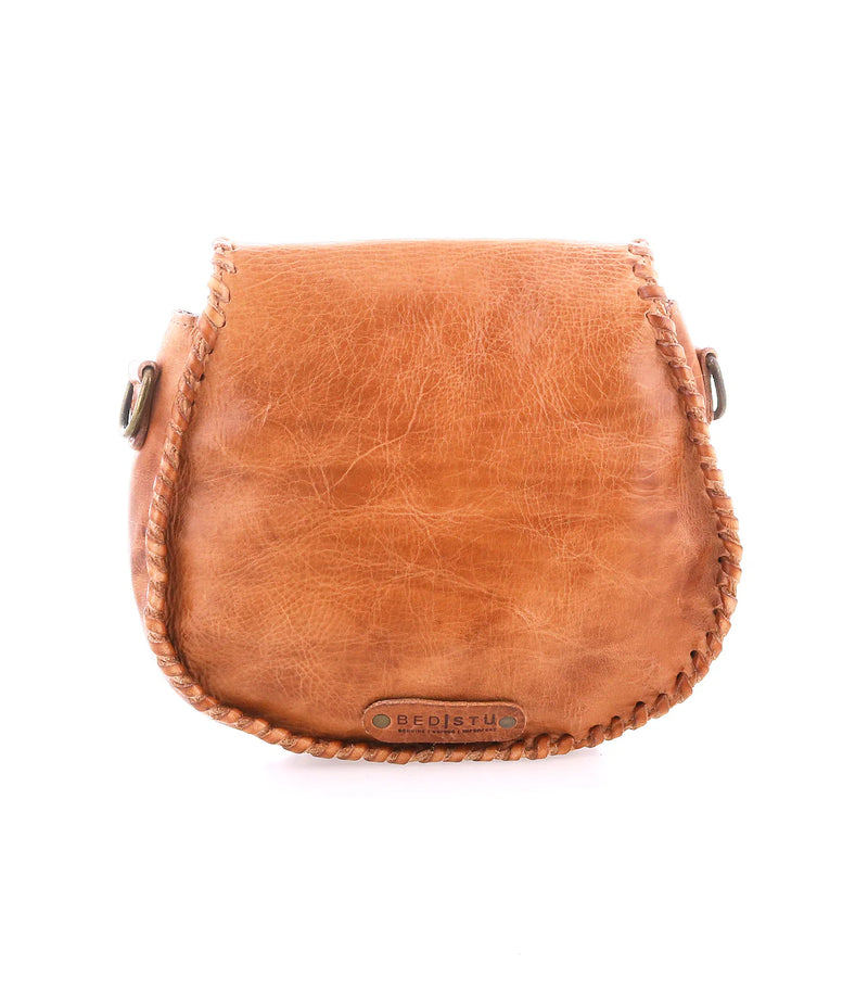 Brown leather crossbody bag on a white background