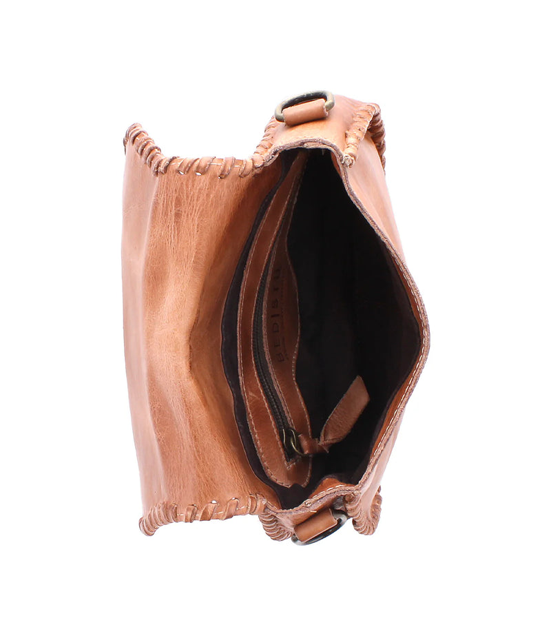 Brown leather handbag with open front on a white background