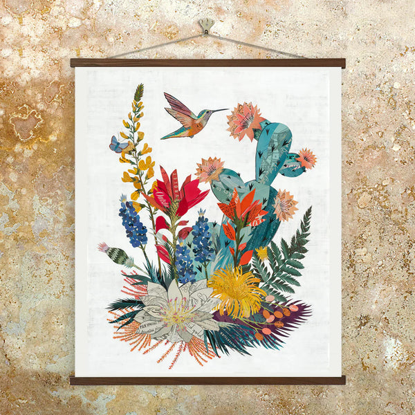 Contemporary southwestern art print of an original paper collage featuring a blooming cactus, colorful flora and hummingbird. This hummingbird print is a standard 16x20 available framed or unframed.