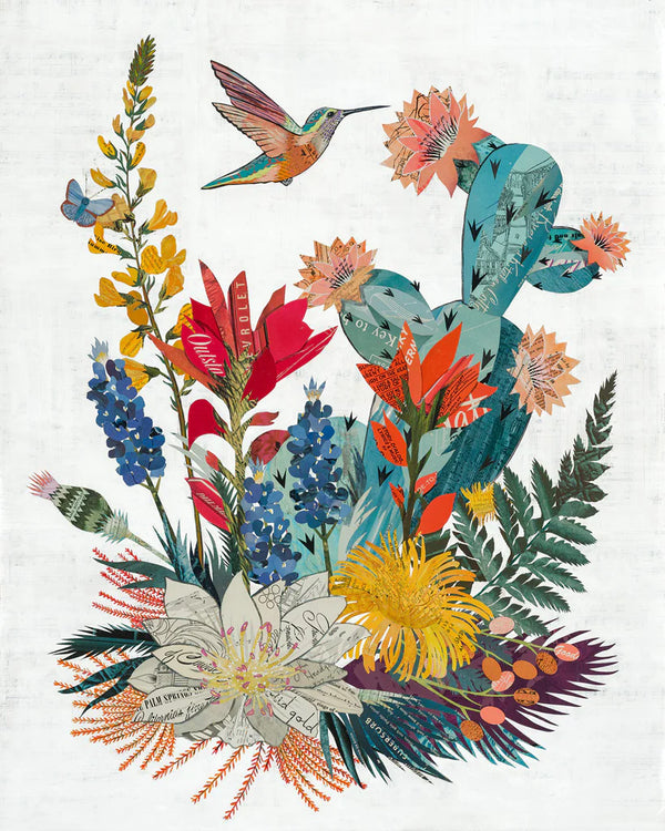 Contemporary southwestern art print of an original paper collage featuring a blooming cactus, colorful flora and hummingbird. This hummingbird print is a standard 16x20 available framed or unframed.