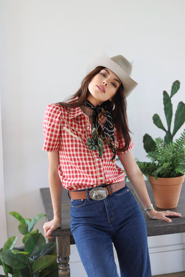 HOWDY HANNY GINGHAM SHORT SLEEVE BLOUSE 