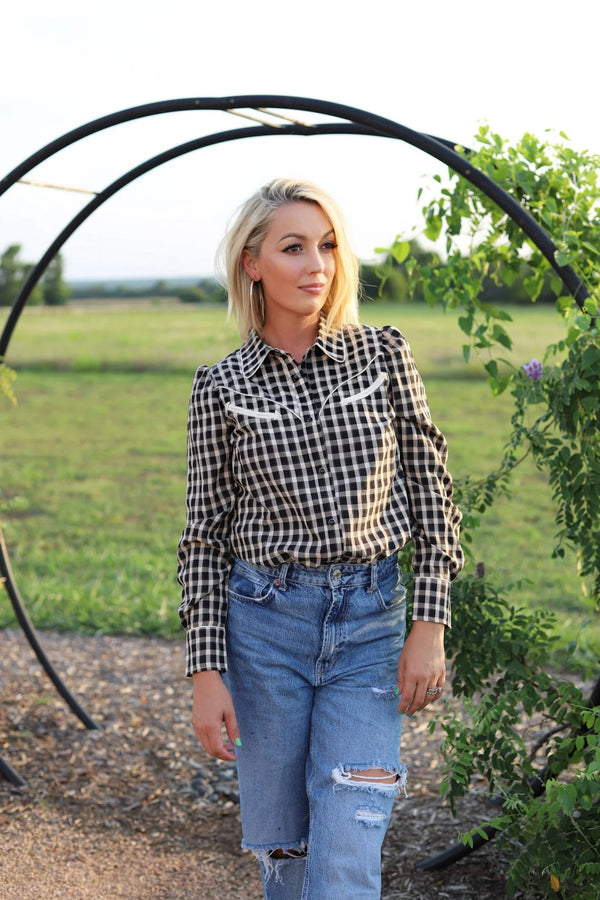 Howdy Hanny Gingham Puff Sleeve Pearl Snap Blouse 