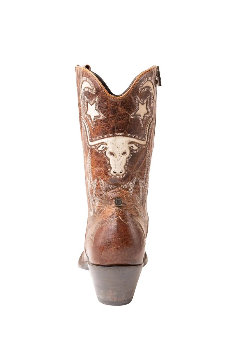 Brown cowboy boots with zippers on the insides with steer on the front in white leather with moon and star accents
