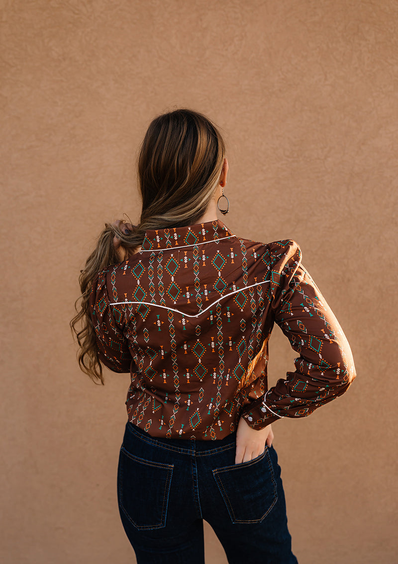 HOWDY HANNY AZTEC PUFF SLEEVE PEARL SNAP BLOUSE 