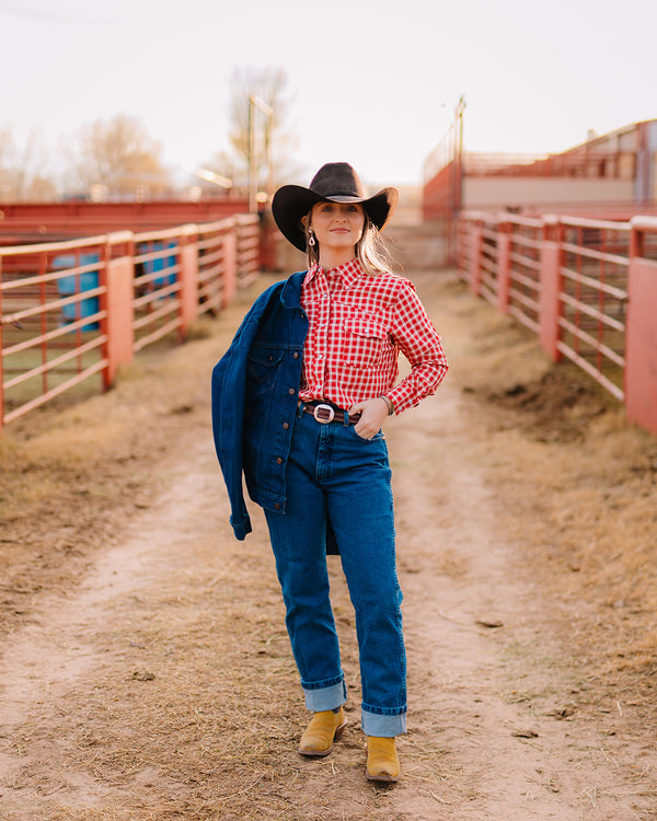 Howdy Hanny Gingham Cuffed Pearl Snap Blouse 