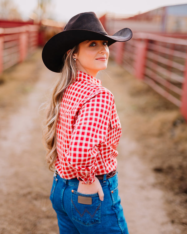 Howdy Hanny Gingham Cuffed Pearl Snap Blouse 