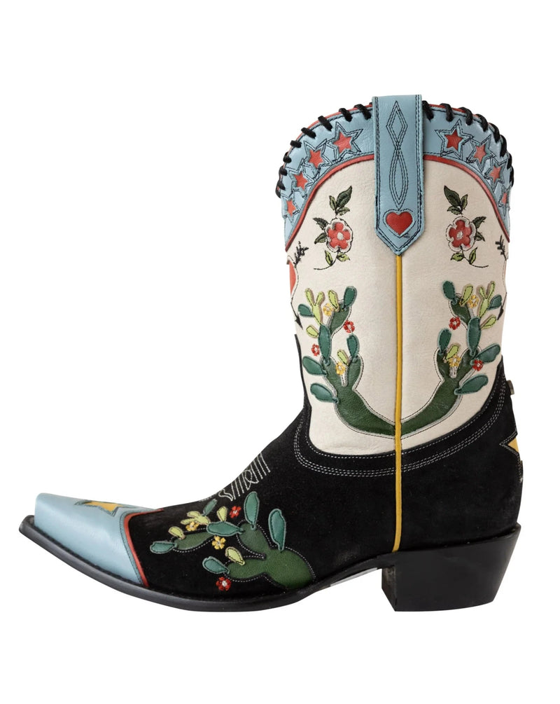 Intricate boot with black suede vamp, cream upper, with inlays of stars, cacti, flowers and hearts all over