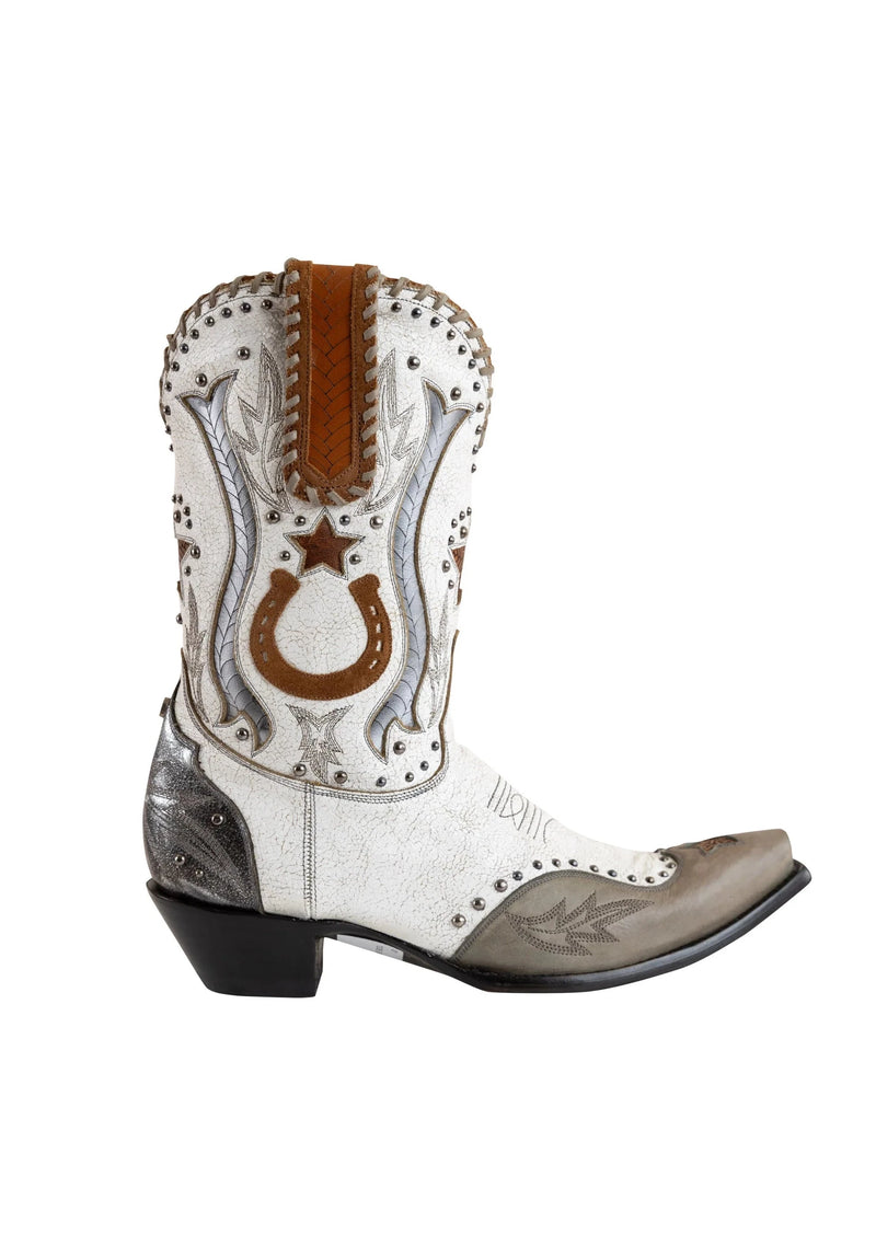 White cowboy boot with silver western accents with silver studs and brown pull tab and horse shoe and star on the side of the shaft 