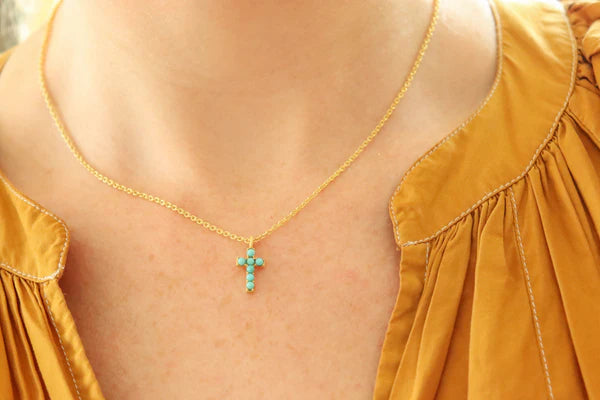 CHRISTINA GREENE DAINTY TURQUOISE CROSS NECKLACE