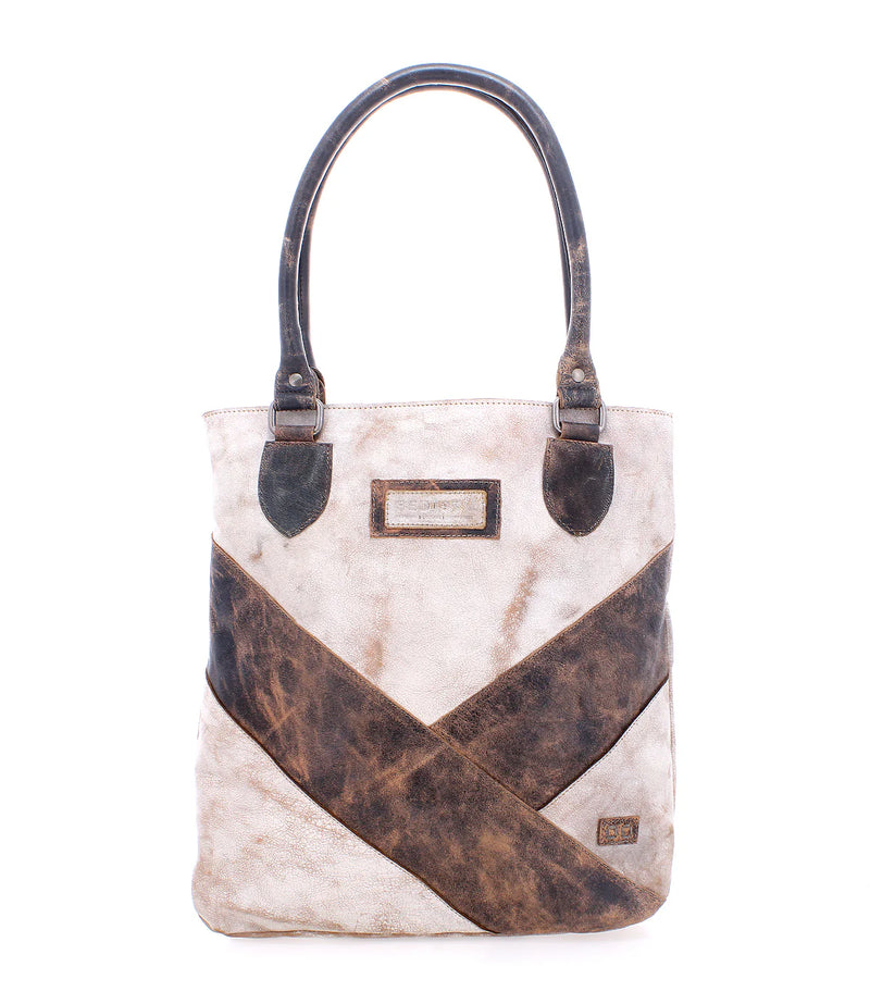 Handbag with brown and beige design on a white background