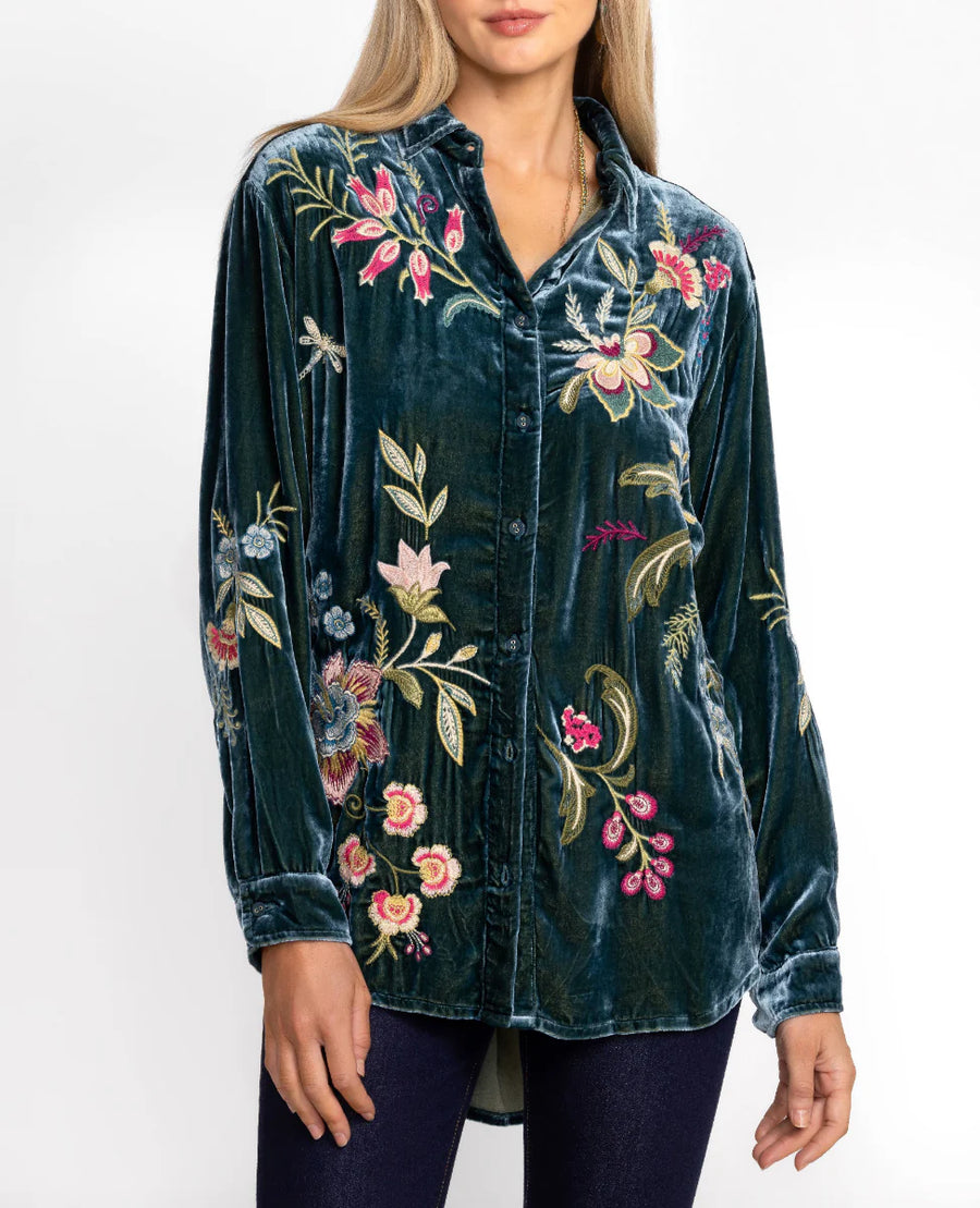 Johnny Was Silk Blend deals Embroidered Velvet Blouse