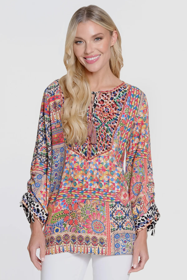 JOHN MARK Print Tunic with Tassel Details - Spice Print