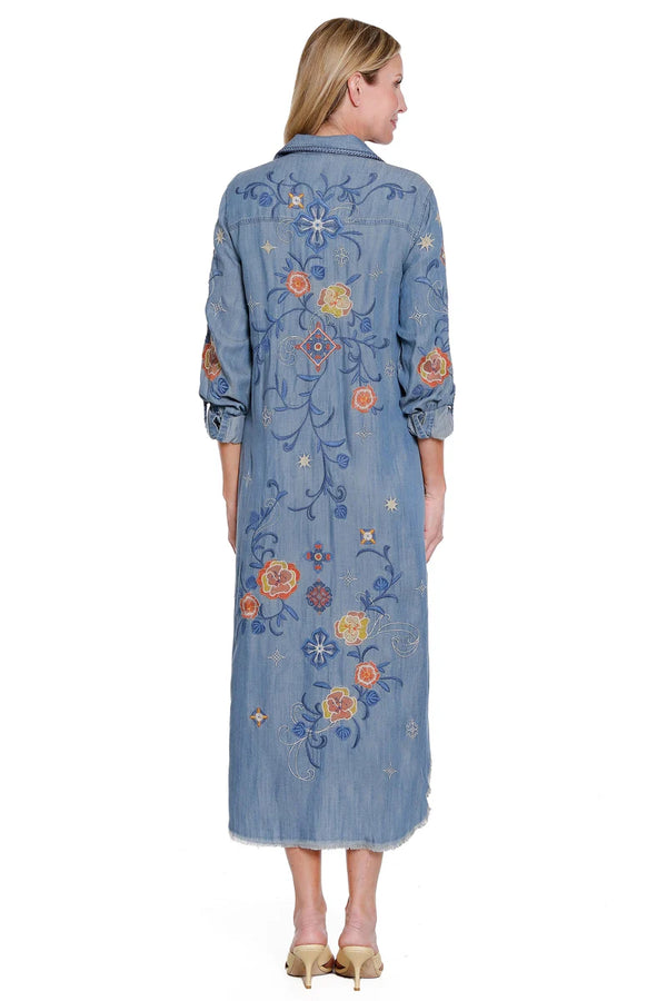 John Mark Embroidered Button-Front Dress - Light Indigo