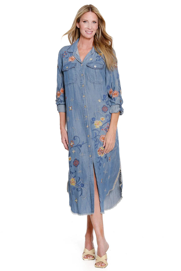 John Mark Embroidered Button-Front Dress - Light Indigo