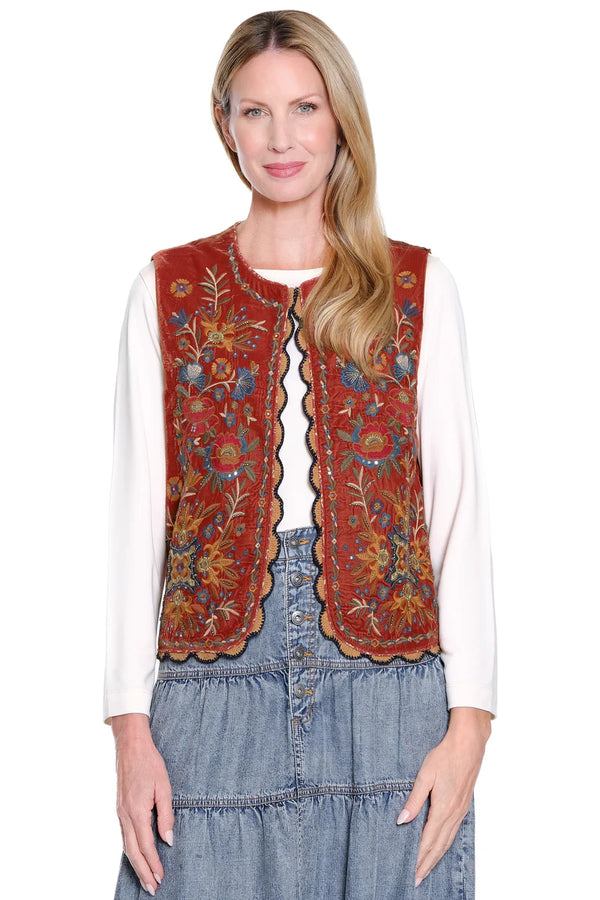 John Mark Embroidered Velvet Vest - Terracotta