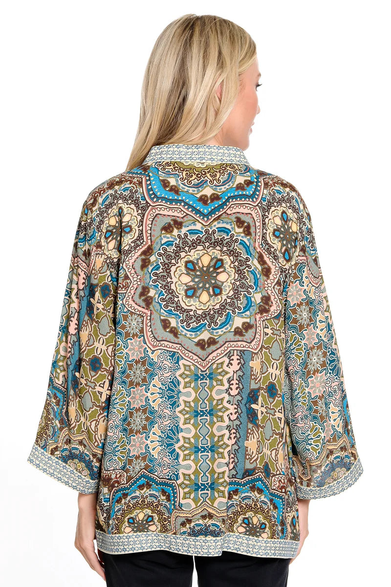 John Mark Hi Low Kimono w/ Embroidered Details - Medallion Multi