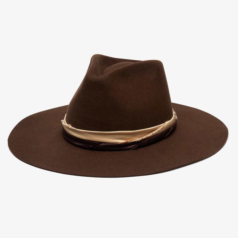 Brown fedora hat with a beige band on a white background