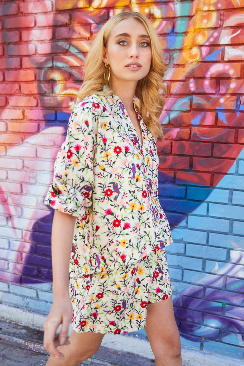 Woman wearing floral embroidery short