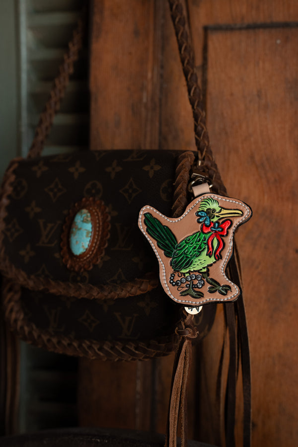 JRW Leather Green Roadrunner Red Bow Bag Charm 