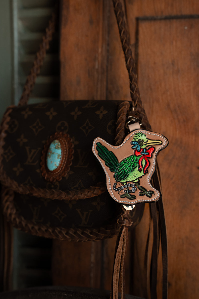 JRW Leather Green Roadrunner Red Bow Bag Charm 