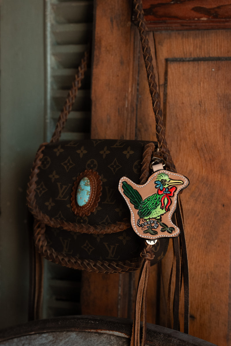 JRW Leather Green Roadrunner Red Bow Bag Charm 