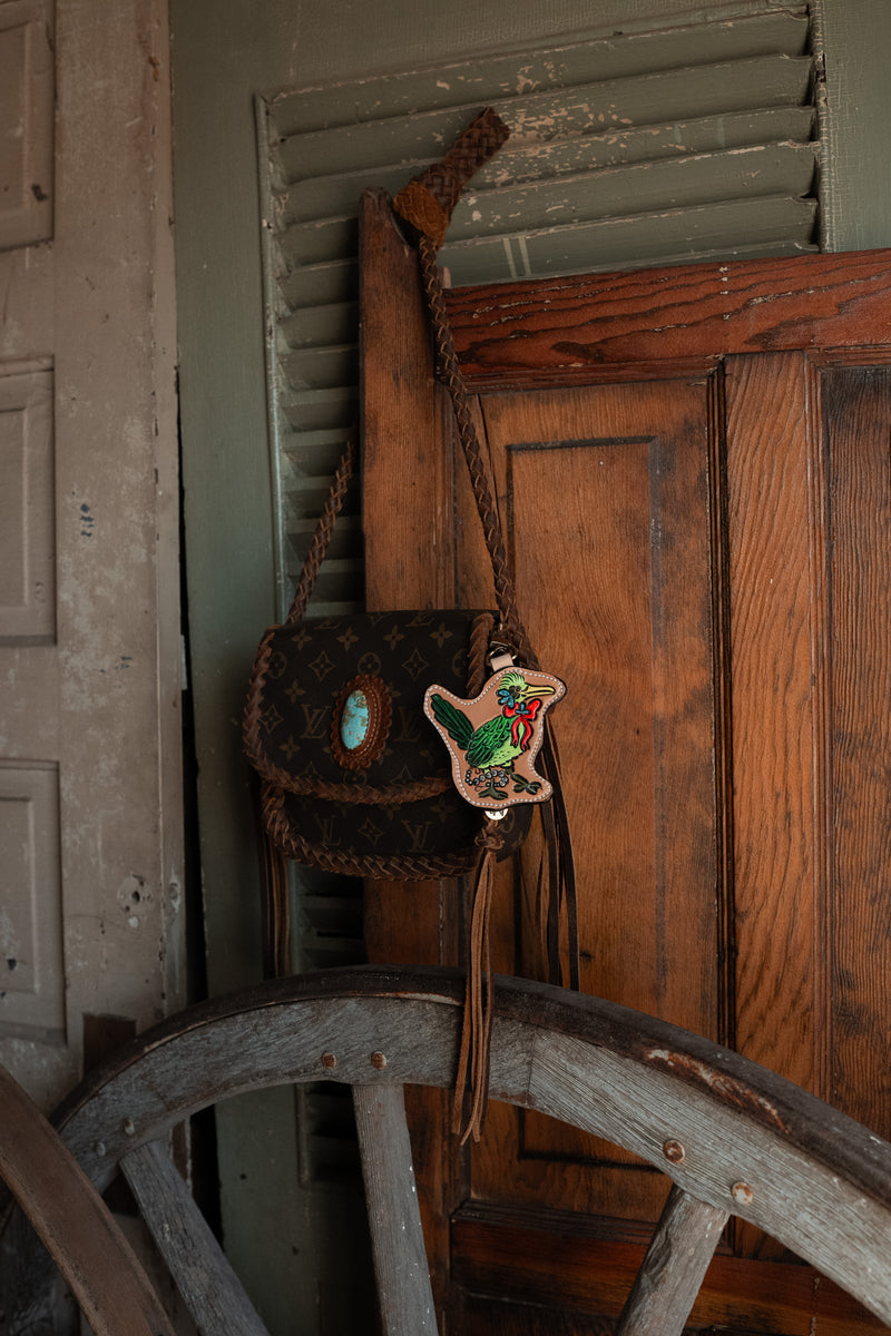 JRW Leather Green Roadrunner Red Bow Bag Charm 