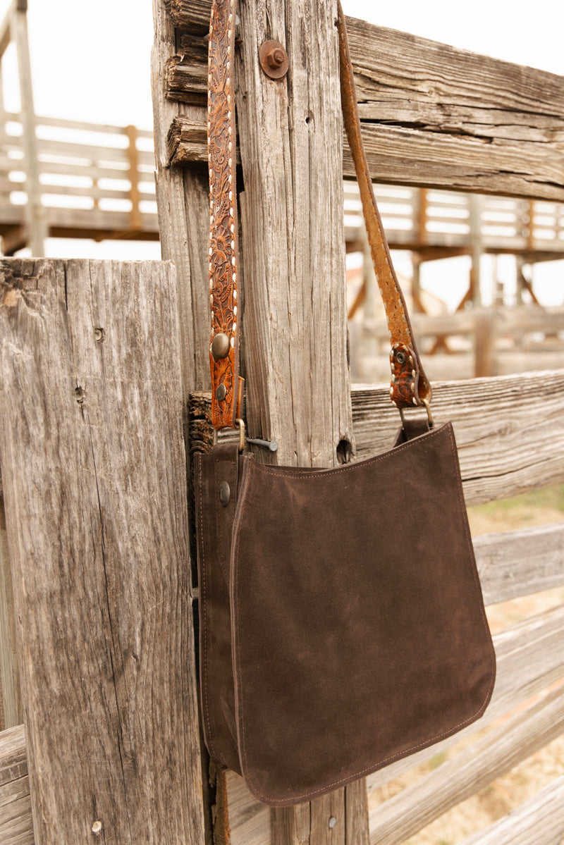 Two Bar West Wyoming Suede Brown Long Strap Bag 