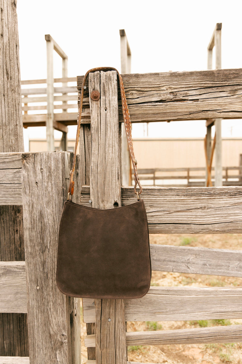 Two Bar West Wyoming Suede Brown Long Strap Bag 