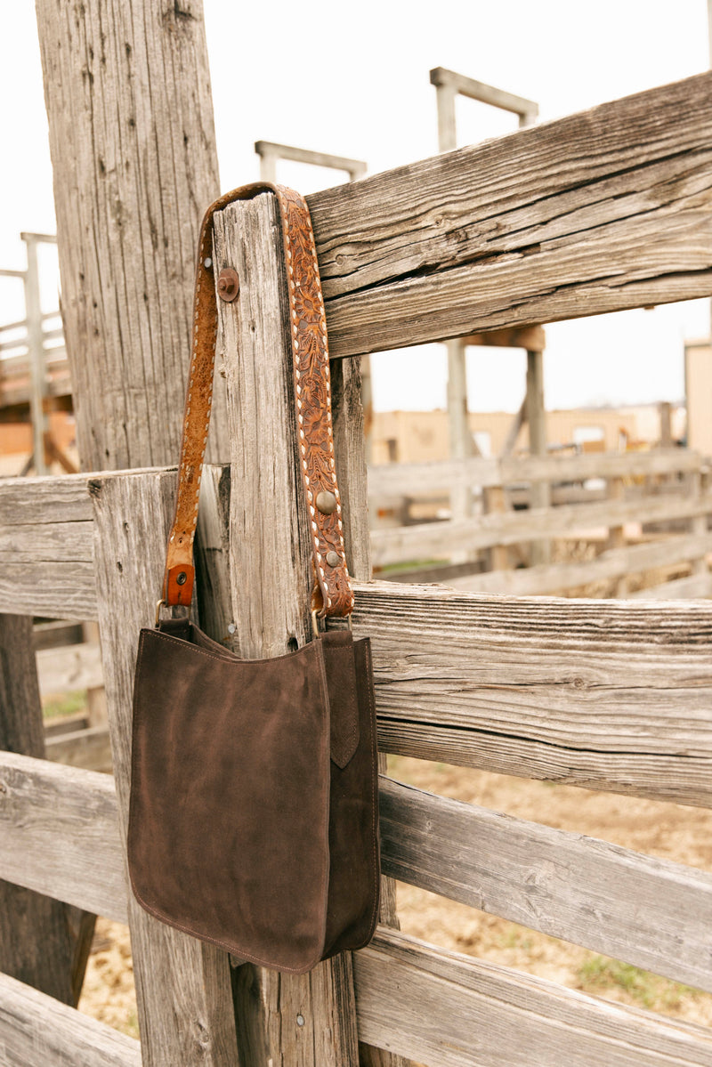 Two Bar West Wyoming Suede Brown Long Strap Bag 