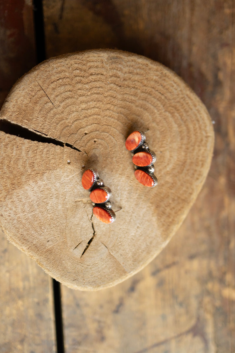 3 Ovals Red Spiny Oyster Post Earring