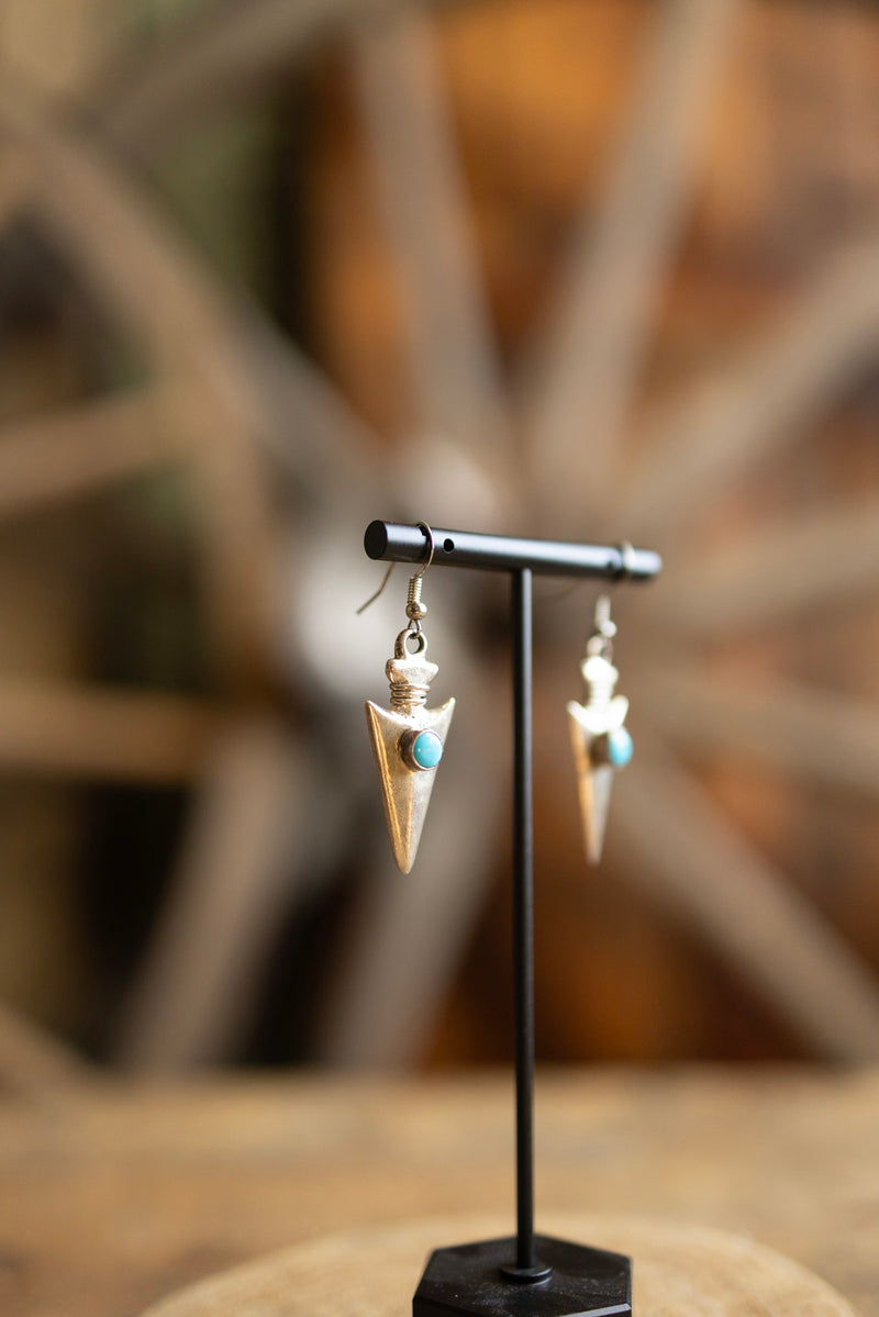 Vintage Sterling Silver Arrowhead With Turquoise Earring