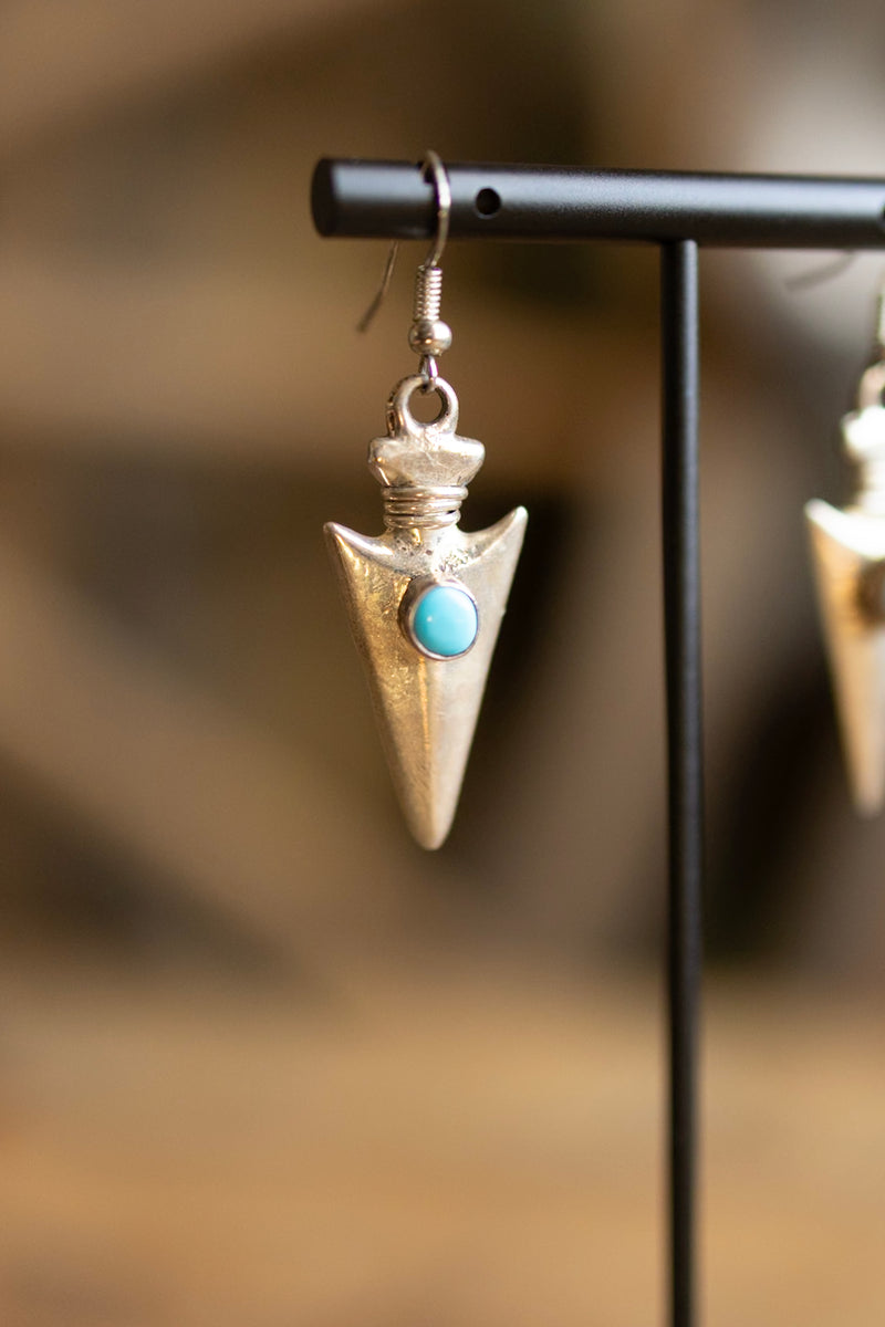 Vintage Sterling Silver Arrowhead With Turquoise Earring