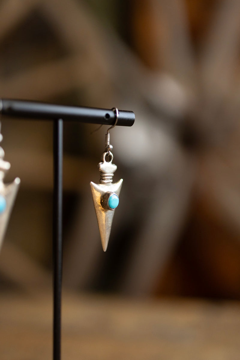 Vintage Sterling Silver Arrowhead With Turquoise Earring