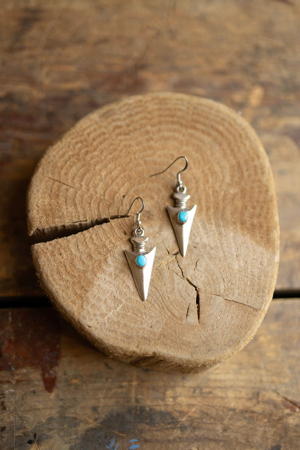 Vintage Sterling Silver Arrowhead With Turquoise Earring