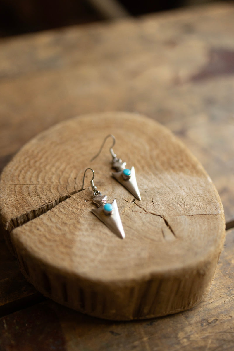 Vintage Sterling Silver Arrowhead With Turquoise Earring