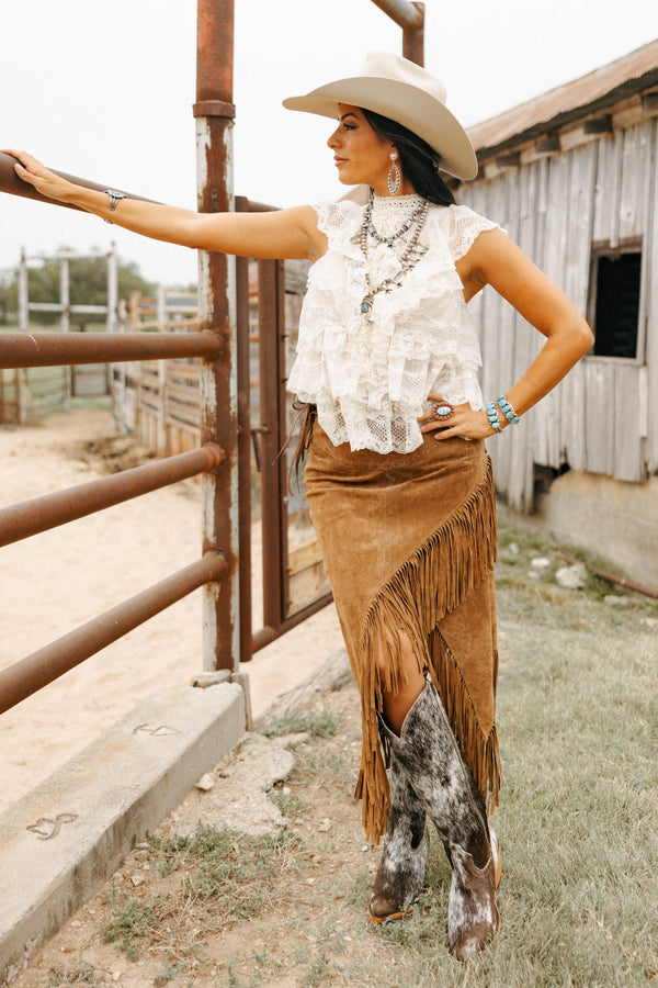 Scully Suede Long Fringe Skirt- Cinnamon 