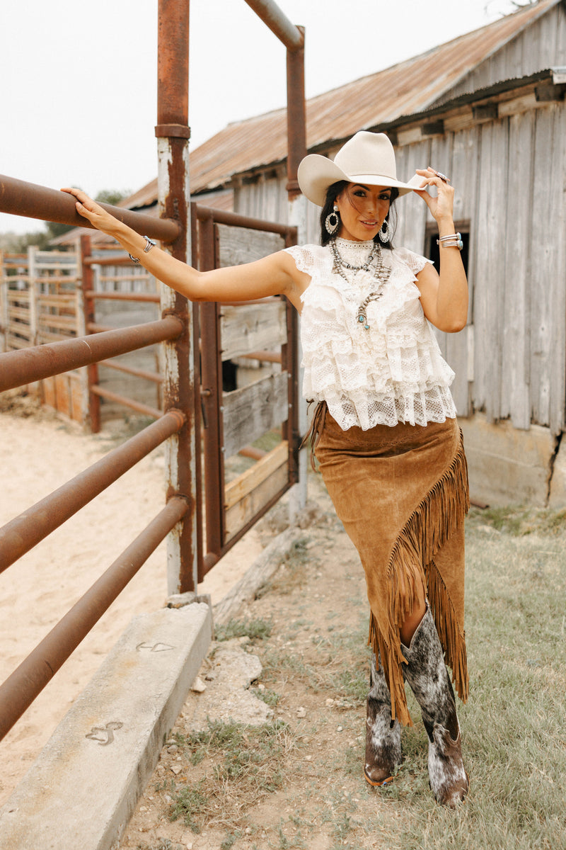 Scully Suede Long Fringe Skirt- Cinnamon 