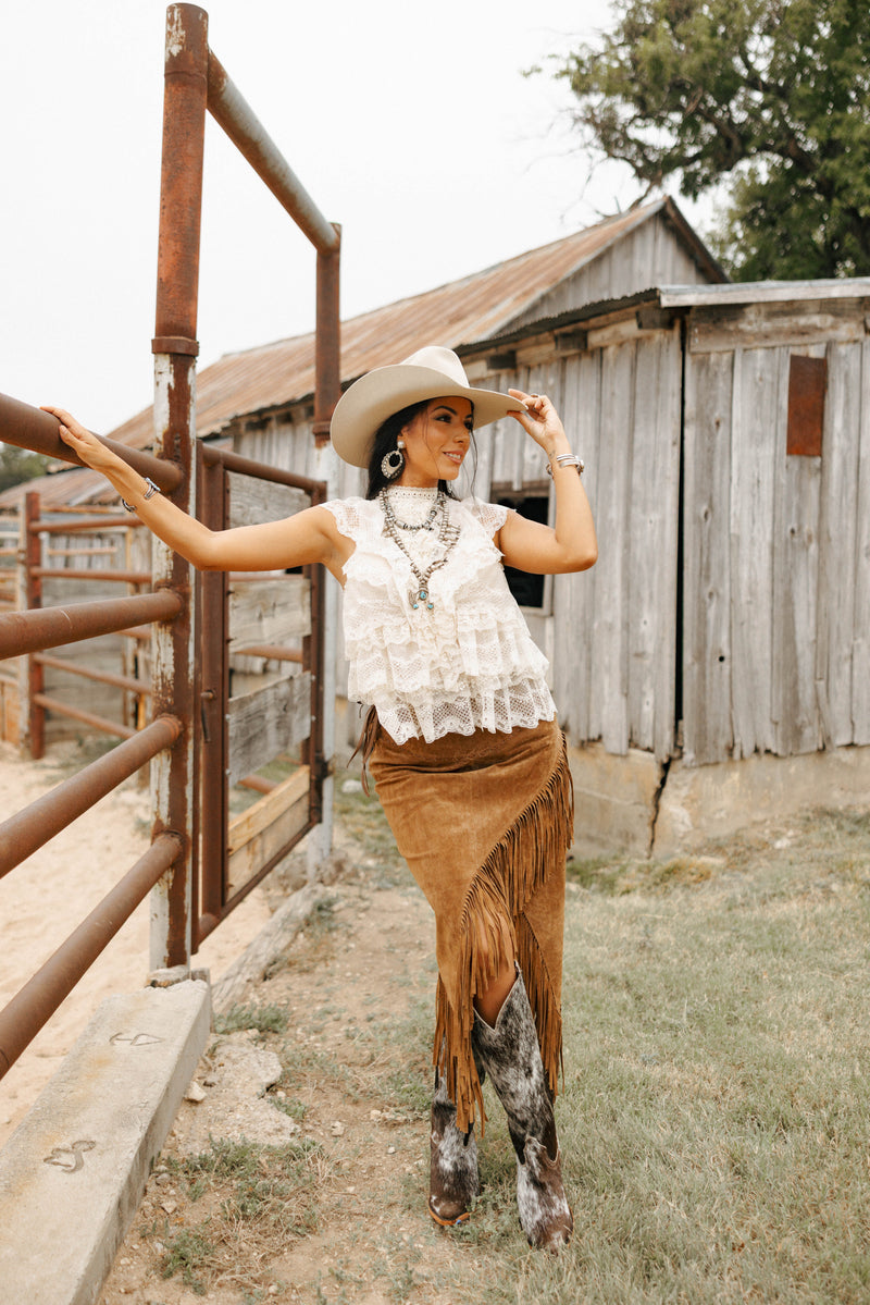 Scully Suede Long Fringe Skirt- Cinnamon 