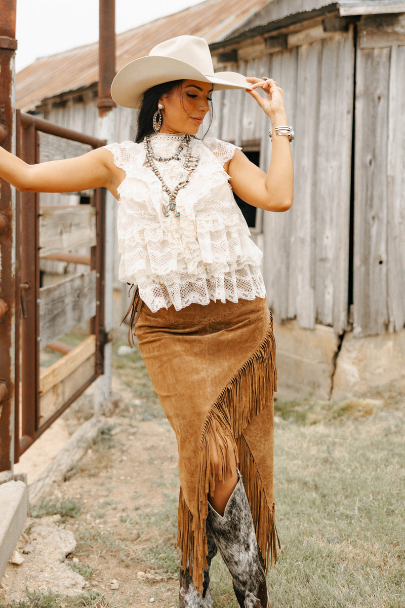 Scully Suede Long Fringe Skirt- Cinnamon 