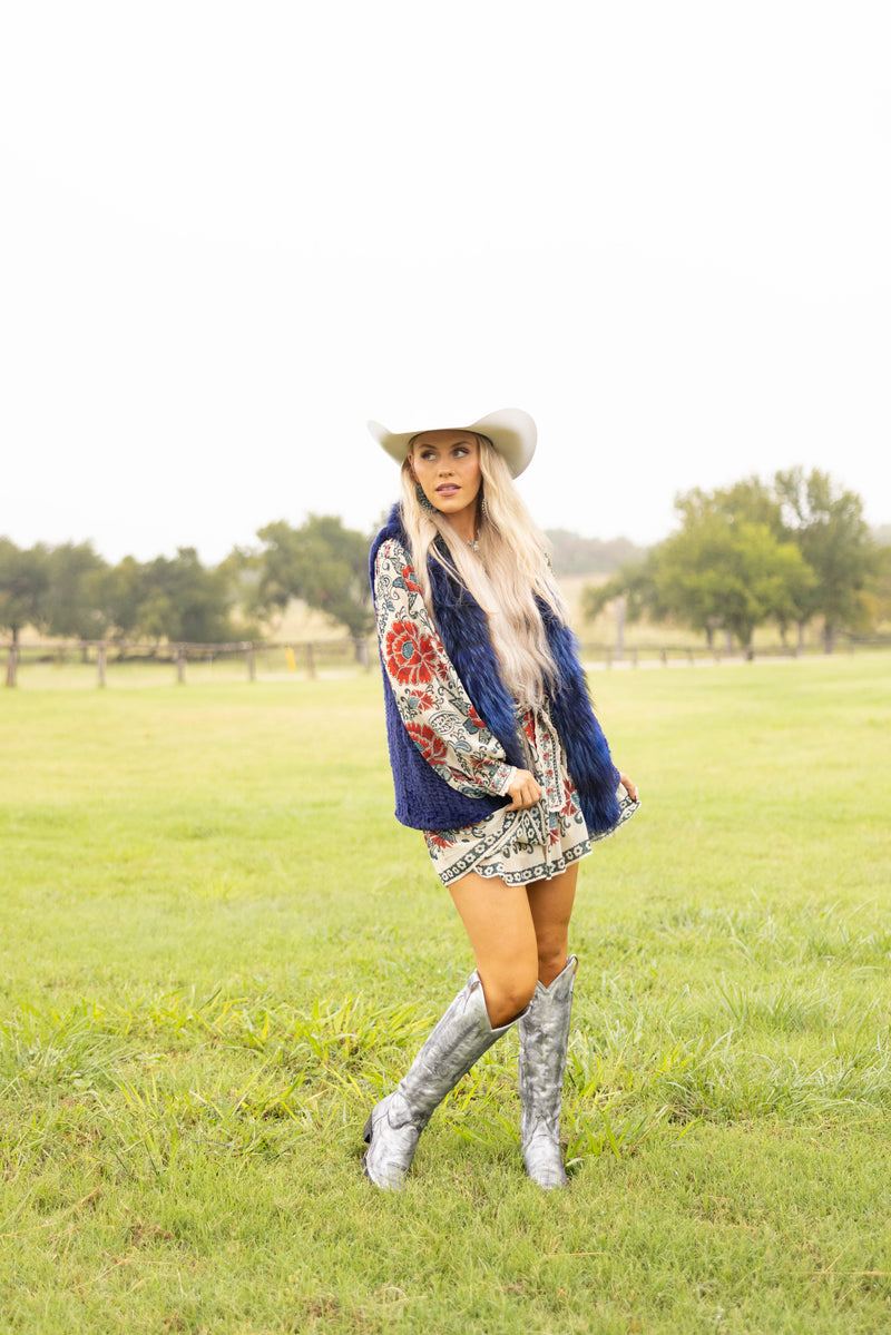 Diana Rosh Knitted Long Rabbit Vest- Blue