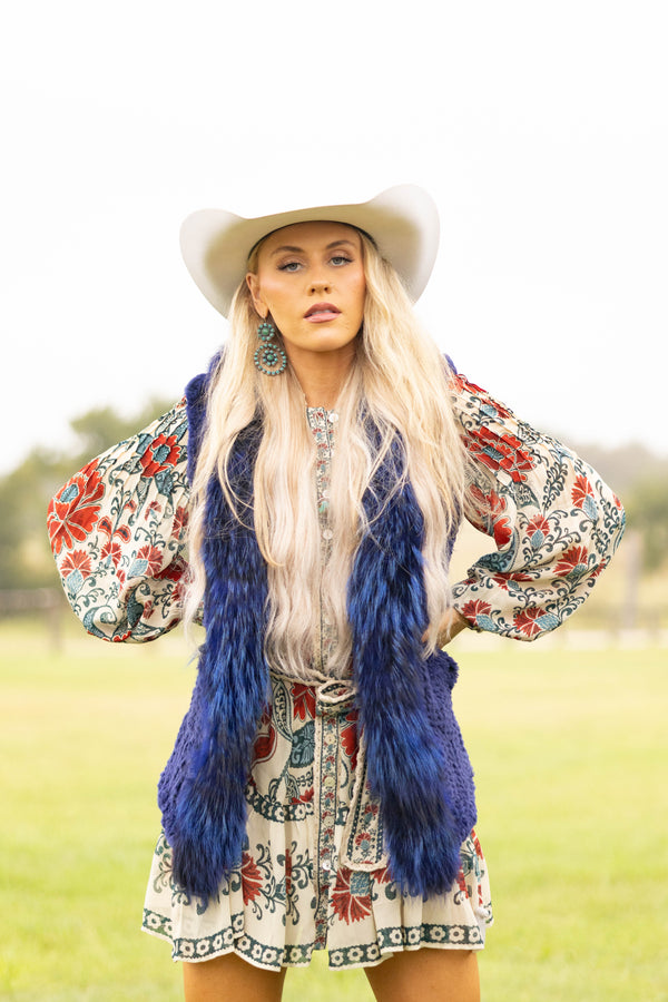 Diana Rosh Knitted Long Rabbit Vest- Blue