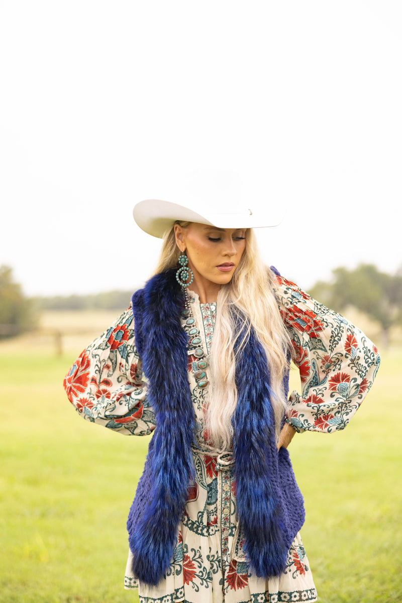 Diana Rosh Knitted Long Rabbit Vest- Blue